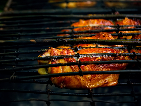 Meat on fire. Barbecue for the poor. Departure on the nature of kebabs. Roasted meat on the fire. Meat on the fire.の写真素材