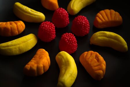 Fruit candy on black. Delicious fruit candy. Multicolored fruit candy. Candiesの写真素材