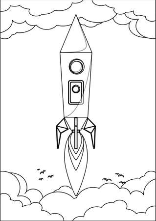 Rocket Flying into Space Through the Sky with Clouds and Birds, Contour. のイラスト素材