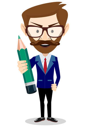 Smiling cartoon Businessman hipster in jacket with a big green pencilのイラスト素材