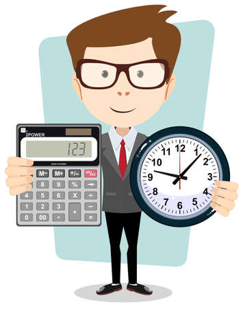 cartoon businessman with a big calculator and clock in his hands.のイラスト素材
