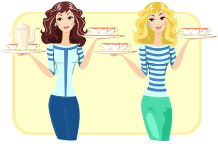Cute waitress with a tray of tea and coffee in the restaurant, vector illustrationのイラスト素材