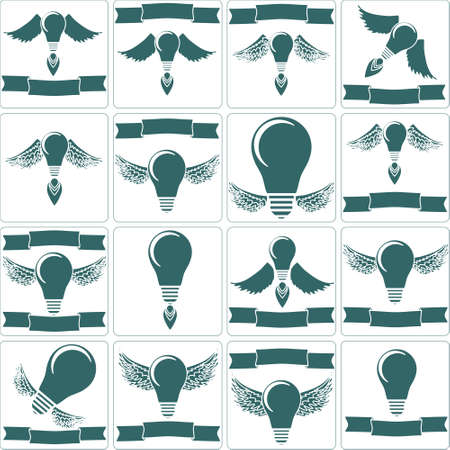 Set light bulb lamp with wings, halo, flames, bannerのイラスト素材