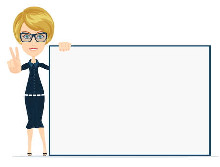 Cartoon teacher businesswoman in glasses holding large poster white board. vectorのイラスト素材