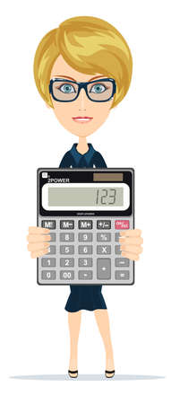 Successful business woman showing victory sign, holding a calculatorのイラスト素材