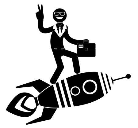Businessman on a rocket pointing and showing directions.のイラスト素材