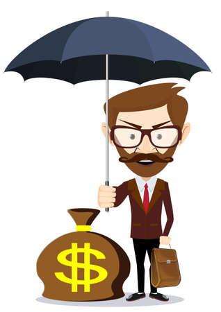 Businessman with umbrella stands and protects a money. Financial safety. Stock Vector illustration.のイラスト素材