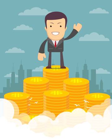 Vector illustration of businessman proudly standing on the huge money staircase. Flat style business conceptのイラスト素材