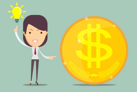 Ideas and money. Woman standing with a coin and shows sign. Stock svector illustrationのイラスト素材