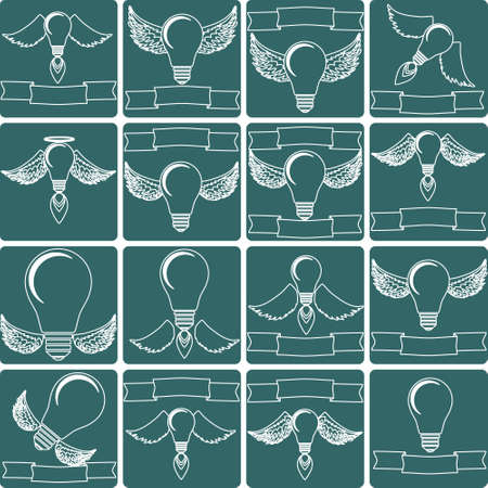 Creative idea vector illustration with lamp and wings. Modern vector design element on color background Bulb icon setのイラスト素材