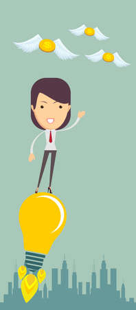 Business woman taking off on the light bulb, as the idea, vector illustrationのイラスト素材