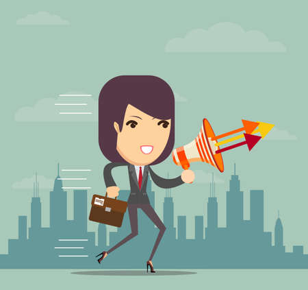 Vector illustration of dark-haired cartoon business woman talking into a megaphoneのイラスト素材