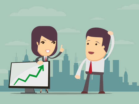 young business woman points to chart of profit. illustration.のイラスト素材