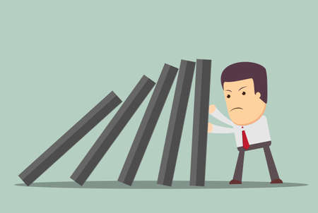 Business man supports domino from falling, supporting the concept of business.のイラスト素材