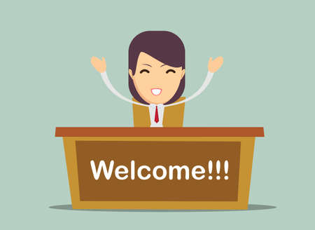 Smiling woman sits by the table with welcome word in a close up shotのイラスト素材