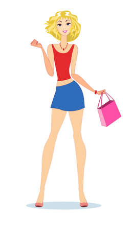Beautiful blond woman with shopping bags. Stock vector illustrationのイラスト素材
