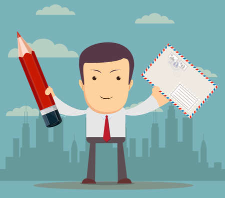 funny cartoon office worke with an envelope and a pencil for use in presentations, etc. Stock vector illustrationのイラスト素材