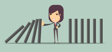 Vector illustration of man stopping the domino effect with falling dominoesのイラスト素材