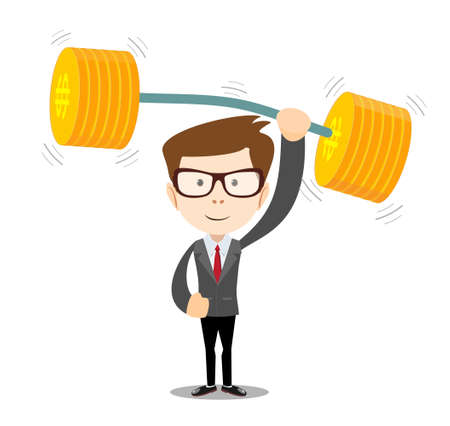 businessman lifts up heavy barbell with dollar sign. Vector illustration for business financial strength concept.のイラスト素材