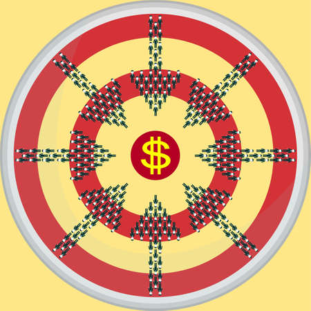 Conceptual vector illustration of stick figures standing in the shape of an arrow aim at target. Stock vector illustrationのイラスト素材