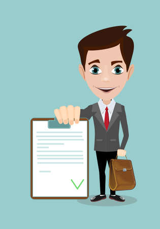 Man in a suit, businessman or manager, hold list of tasks. or questionnaire. Illustration, vector, flatのイラスト素材