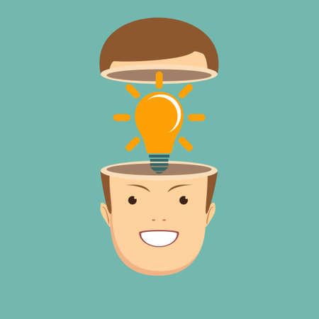 A Caucasian businessman has a bright idea for marketing strategy with a bulb on his head. Human intelligence concept. A contemporary style with pastel paletteのイラスト素材