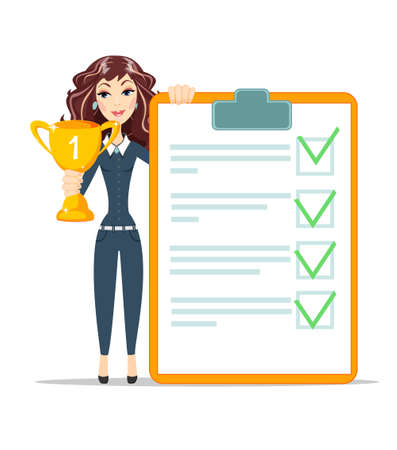 happy young woman winner with Cup trophy and diploma. victory signのイラスト素材