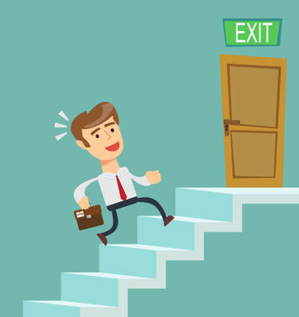 A young businessman going upstairs steadily, a closed door in the wall at the top. Concept of career growth. Stock flat vector illustration.のイラスト素材