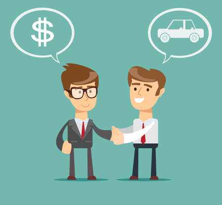 Car sales - auto dealer with new ownerのイラスト素材