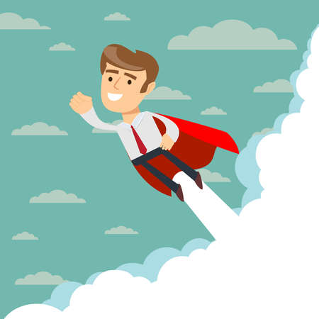 Super businessman in red capes flying upwards to his success.のイラスト素材