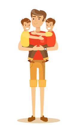 Dad Holding Twin Kids On His Hands. A father and his babies, cartoon vector illustration isolated on white background.のイラスト素材