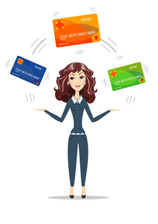 Businesswoman holding plastic cards.のイラスト素材