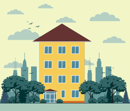 city landscape with townhouse and trees.のイラスト素材