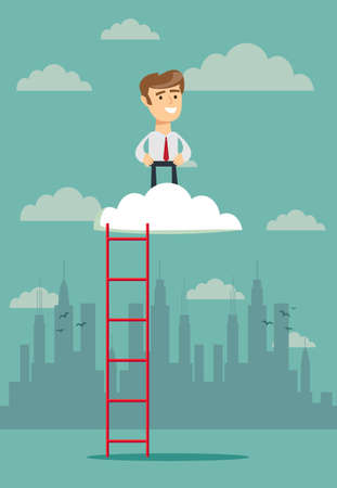 Businessman standing in a cloud on top of corporate ladder and looking from above. Conceptual vector illustration for metaphor.のイラスト素材