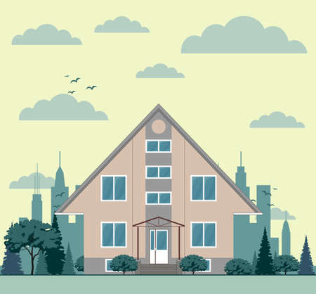 Illustration of a city landscape with townhouse and trees. Flat art style. Housing, real estate market, architecture design, property investment concept banner.のイラスト素材