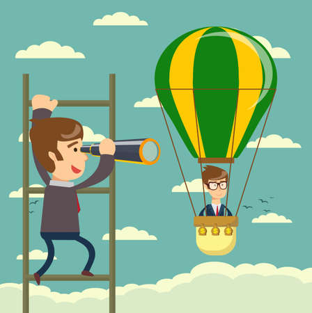 Businessman on a ladder using spyglass above cloud.のイラスト素材