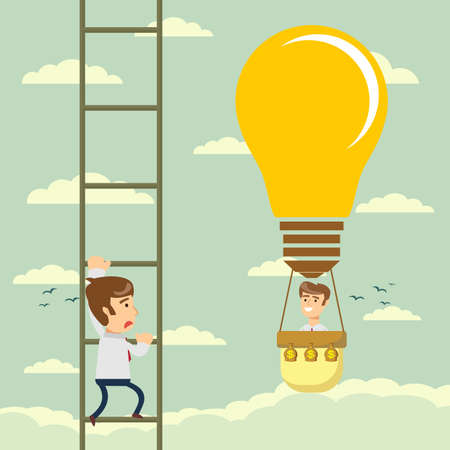 Man in lightbulb fly pass businessman climbing the ladder.のイラスト素材