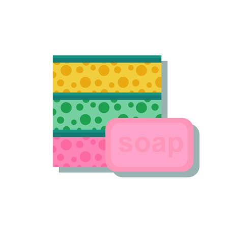 bar of soap and colorful sponge to wash. Stock flat vector illustration.のイラスト素材