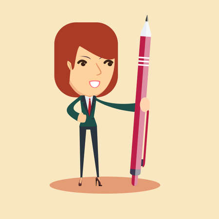 Portrait of a young smiling woman holding a pen. Stock flat vector illustration.のイラスト素材