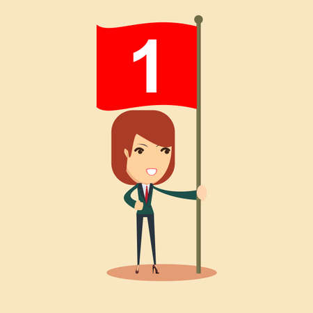 Happy businesswoman with number one flag. vector illustration.のイラスト素材
