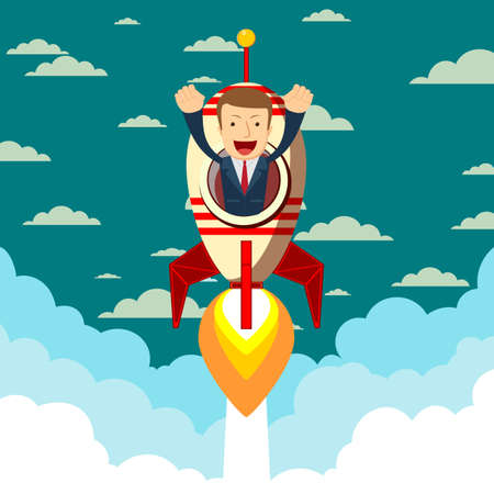 Happy businessman on a rocket ship vector illustration.のイラスト素材