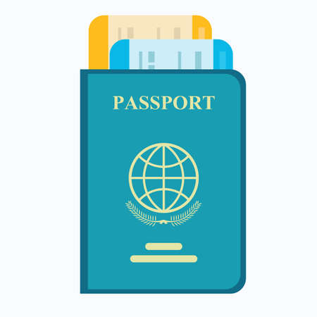 Passport with tickets. Air travel concept. Flat Design citizenship ID for traveler isolated. Blue international document. Stock flat vector illustration.のイラスト素材
