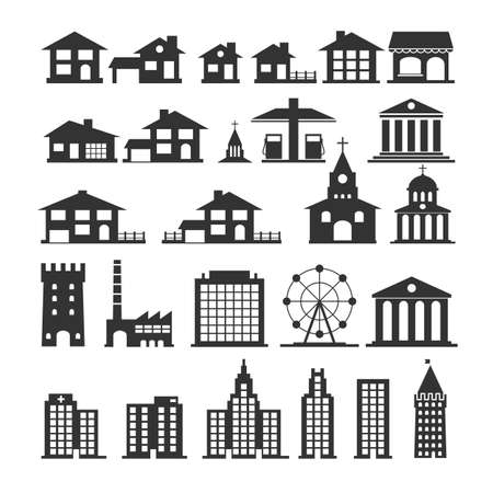 Urban and government silhouettes of buildings. Simple black sign houses.のイラスト素材