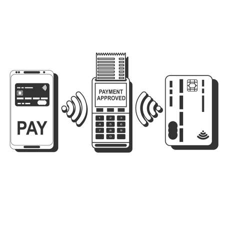 Pos terminal confirms the payment by smartphone and card. Vector illustration in flat design on blue background. nfc payments conceptのイラスト素材