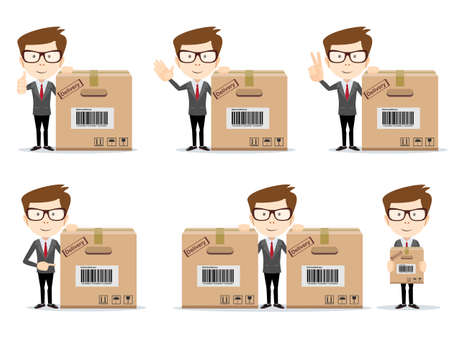 set of funny cartoon office worker in various poses for use in presentations, etc.Businessman in different poses . Full length, front view against white background. Stock flat vector illustration.のイラスト素材