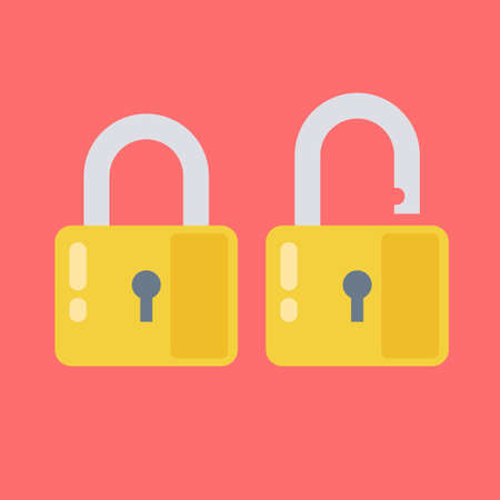 Lock icon in flat style. Lock open and lock closed. Concept password, blocking, security. Lock symbol isolated on colored background.のイラスト素材