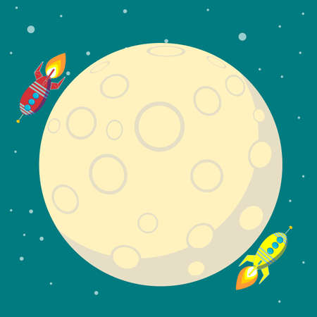 Rocket ship in a flat style. Vector illustration with flying rocket. Space travel to the moon. Space rocket launch. Project start up and development process. Innovation product,creative idea.のイラスト素材