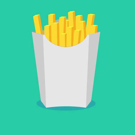French fries in paper box, isolated. Vector illustration, flat design with shadow.のイラスト素材