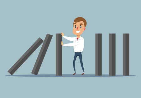 Businessman stopping falling domino vector concept. Symbol of crisis, risk, management, leadership and determination.のイラスト素材