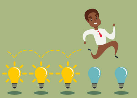 Cartoon character, black african american businessman jump on light bulbs. vectorのイラスト素材